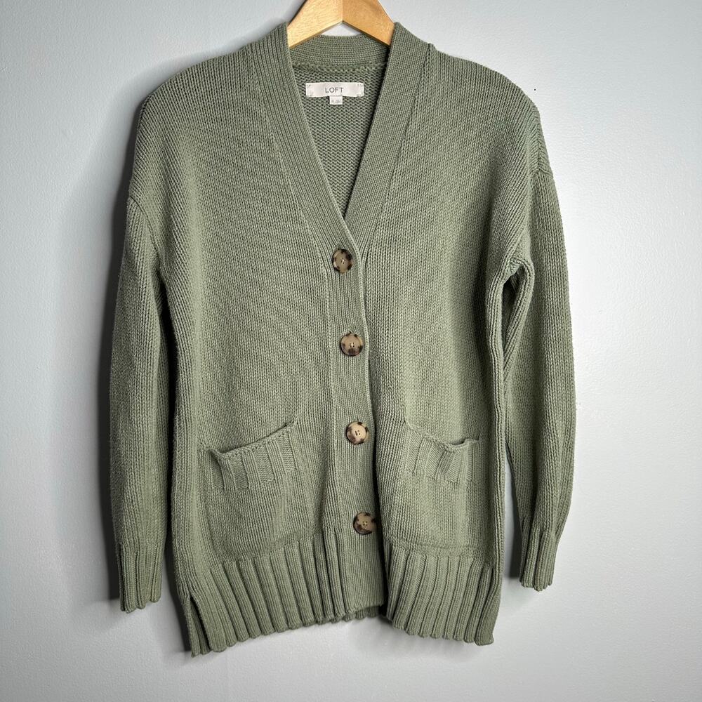 LOFT Cardigan Sweater Women XS Sage Green EUC Button Front V-Neck Cotton Blend - Picture 1 of 6